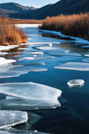 Landscape of frozen lake and mountains in winter. Siberia, Russiaの素材