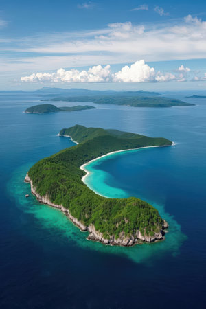 Aerial view of tropical island with turquoise water and white sand beachの素材