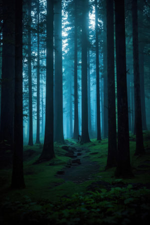 Mysterious dark forest at night with fog and footpath.の素材
