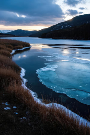 Sunset over the frozen lake in the mountains. Winter landscape.の素材