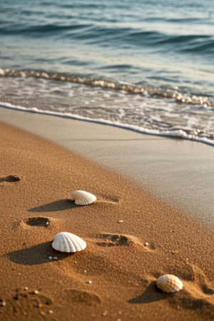 Seashells on a sandy beach with the sea in the backgroundの素材