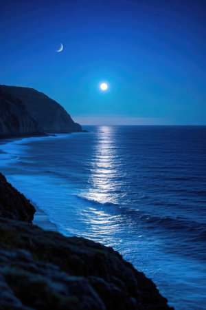 Moonlight over the Atlantic Ocean in Portugal. Long exposure shot.の素材