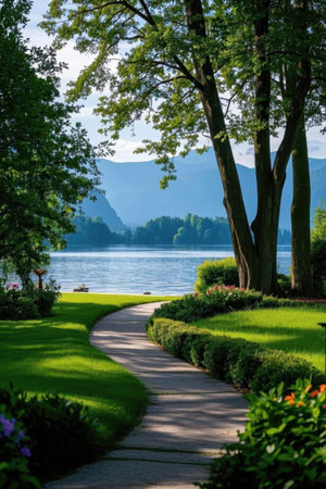 Beautiful landscape with lake, trees and path in the park.の素材
