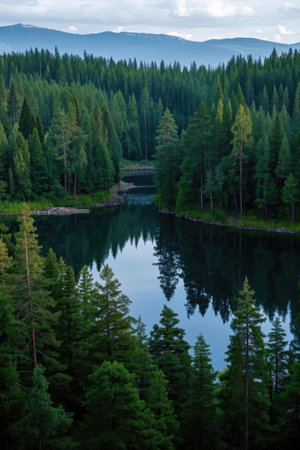 Beautiful view of the lake with coniferous forest in the backgroundの素材
