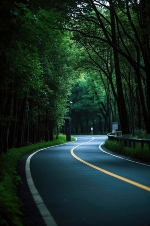 Asphalt road through the forest in the evening with trees in the backgroundの素材