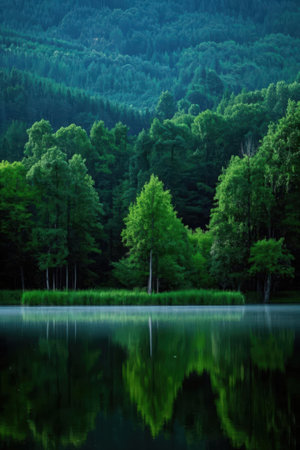 beautiful landscape with forest and lake in the morning, nature seriesの素材