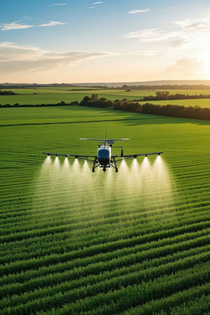 Aerial view of sprayer spraying pesticides on soybean field at sunsetの素材