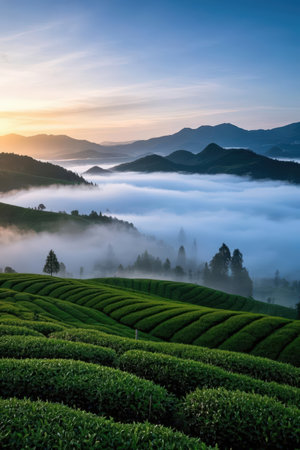 Tea Plantation in the morning at Doi Ang Khang, Chiang Rai, Thailandの素材