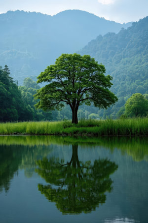 Lonely tree in the middle of a lake with mountains in the backgroundの素材