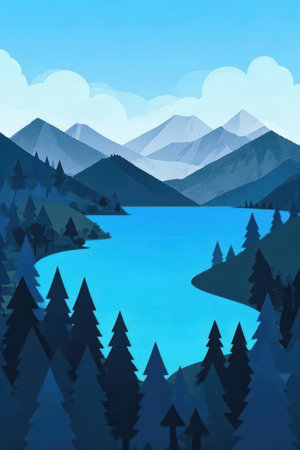 Mountains and lake in the forest. Nature landscape. Vector illustration.の素材