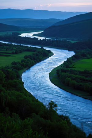 Landscape with river and mountains in the evening. Ukraine, Europe.の素材