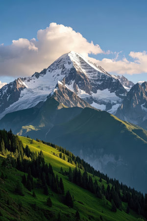 Mountain landscape with snow-capped peaks. Caucasus, Russiaの素材