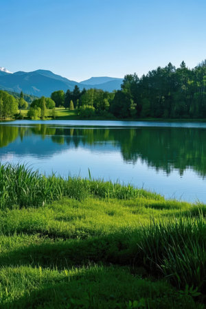 Landscape with a lake, mountains and forest in the background.の素材