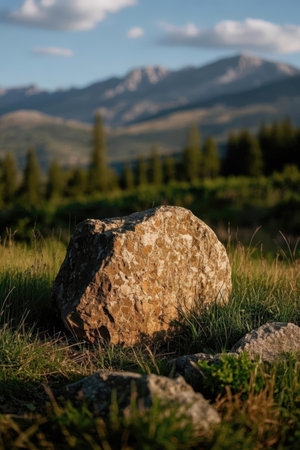 Stone in the grass with mountains in the background in Altai, Russiaの素材