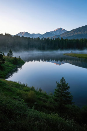 Mountain lake in the morning fog. Russia, Siberia, Altai mountains.の素材