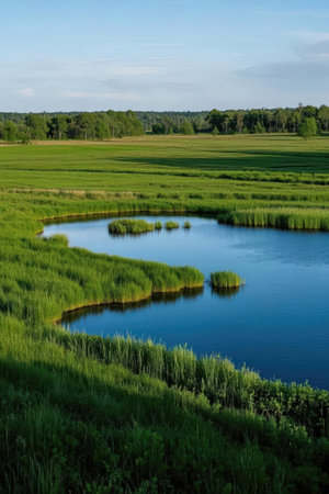 Landscape with lake and forest in the background. Russia, Vologda region.の素材