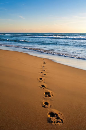 Footprints in the sand on the beach at sunset, Portugal.の素材