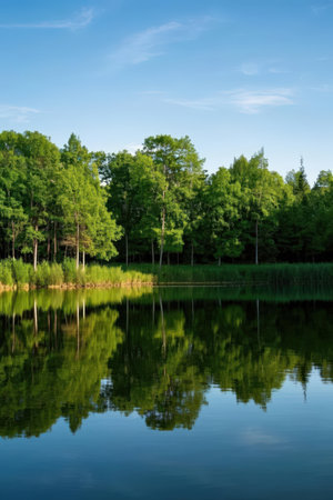 Reflection of the trees in the lake, natural landscape background.の素材