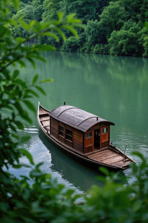 Wooden boat on the lake in the forest. Lake in summerの素材