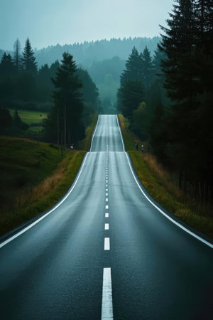 Empty road in the mountains in the foggy morning. Long exposureの素材