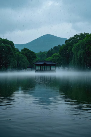 Landscape view of a pavilion in a lake with the mountains in the backgroundの素材