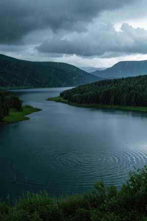 Beautiful mountain lake with cloudy sky, Carpathians, Ukraineの素材