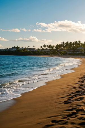 Beautiful sandy beach with palm trees and blue sky at sunset.の素材