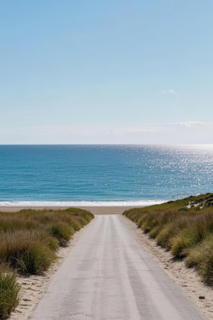 Dirt road leading to the beach with sand dunes and blue skyの素材