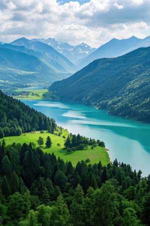Beautiful view of the lake in the mountains. Summer landscape.の素材