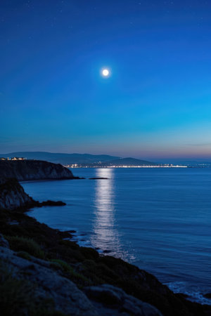 Moon over the sea at night. Crimea, Ukraine, Europe.の素材