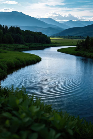 Beautiful landscape with river and mountains in the background. Ukraine.の素材