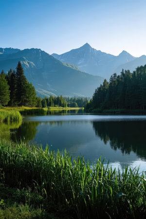 Beautiful alpine lake in the mountains at sunset. Tatra Mountains, Polandの素材