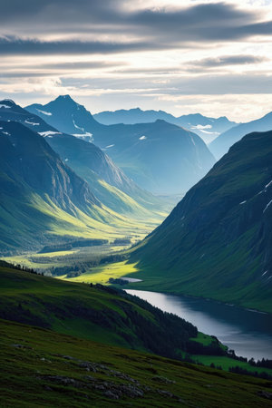 Beautiful alpine landscape with lake and mountains in Norway, Scandinaviaの素材
