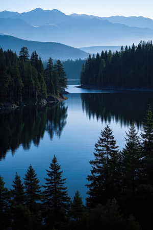 Mountain lake with coniferous forest at sunrise, Tatras, Slovakiaの素材