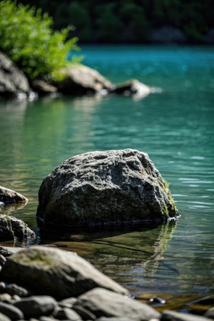 rocky shore of the lake with clear water and green vegetation in summerの素材