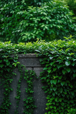Green leaves on concrete wall in garden. Natural background with copy space.の素材
