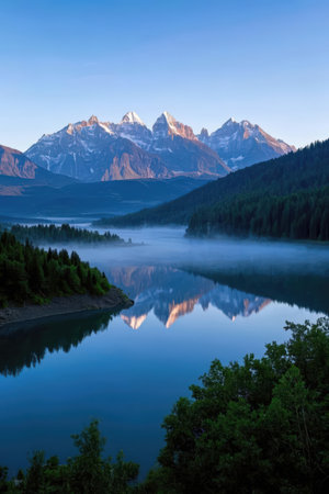 Mountain lake with reflection of snow-capped peaks in the morningの素材