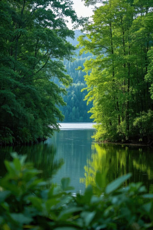 Beautiful lake in the forest with green trees and reflection in waterの素材