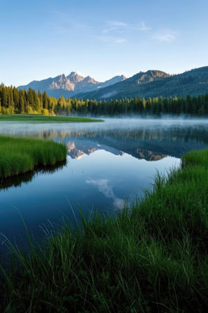 Mountain lake in the morning with fog and reflection in the waterの素材