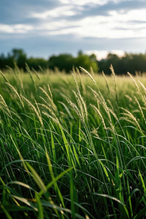 Green grass in the field at sunset. Shallow depth of field.の素材