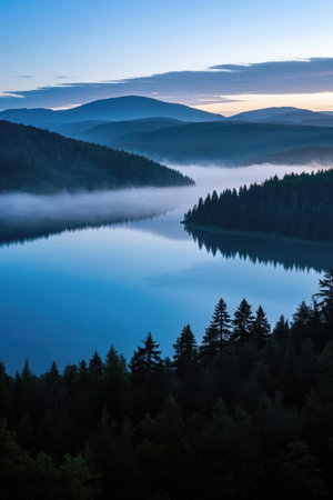 Misty morning at the lake in the Carpathian mountains, Ukraineの素材