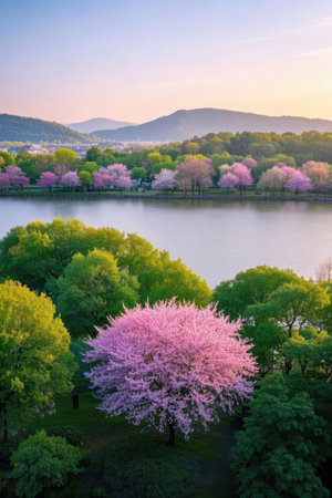 Cherry blossoms in full bloom at Lake Kawaguchikoの素材