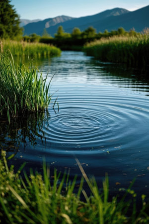 Water ripples on the surface of a lake with mountains in the backgroundの素材