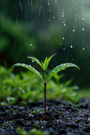 Green seedling with rain drops in the morning. Nature background.の素材