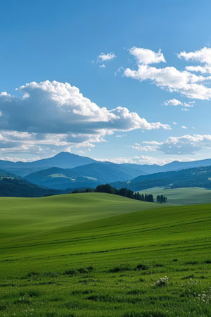 Beautiful landscape of green meadow and blue sky with white cloudsの素材