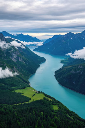 Aerial view of the lake and mountains in Alps, Switzerland.の素材