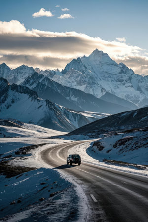 Car on the road to Everest Base Camp, Khumbu valley, Nepalの素材