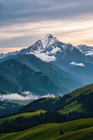 Mountain landscape at sunset. Caucasus, Dombay, Russiaの素材