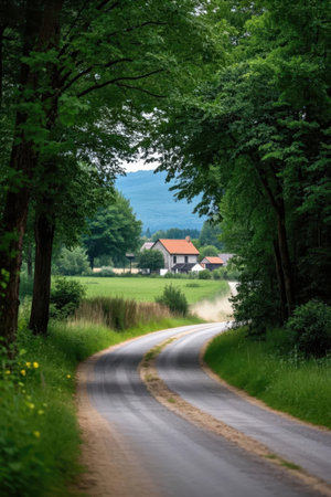 Country road through the green fields and forest in Bavaria, Germanyの素材