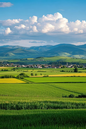 Rural landscape with green fields and blue sky with white clouds.の素材